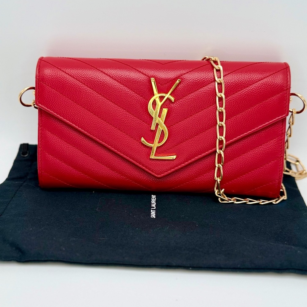Saint Laurent Monogram Chevron Leather Clutch Crossbody Wallet with Chain Red
